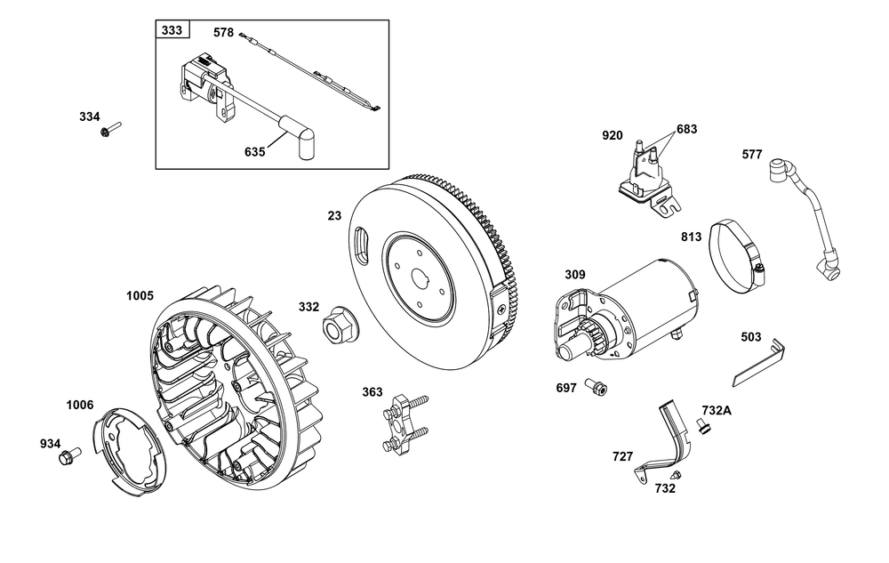 Flywheel, Ignition, And Starter Group Diagram and Parts List for 38E347-0108-G1 200000 - 399999 Briggs and Stratton Engine